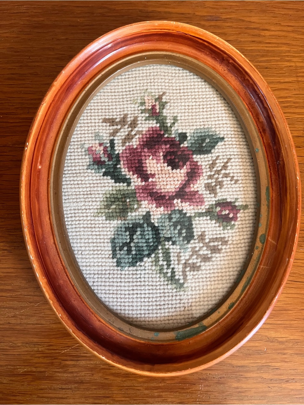 Vintage Floral Needlepoint in Wood and Brass Frame - Picture 1 of 7